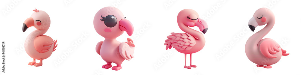 Cute cartoon flamingos in various poses, showcasing vibrant pink colors and playful expressions, perfect for digital designs.