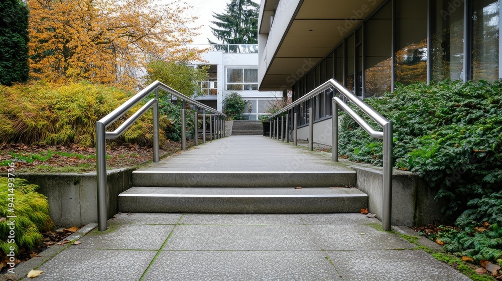 Small Incline Ramp With Railing A wheelchair ramp with a smooth incline, leading up to a residential ...