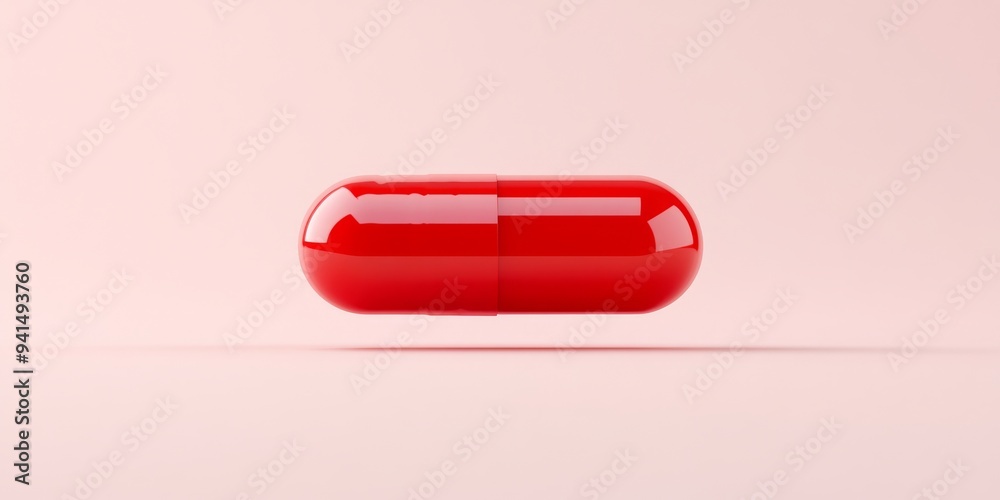 A 3D simple style icon of a red pill with a matte finish and clean lines floating against a neutral background symbolizing a pharmaceutical product