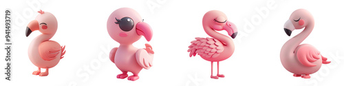 Cute cartoon flamingos in various poses, showcasing vibrant pink colors and playful expressions, perfect for digital designs.