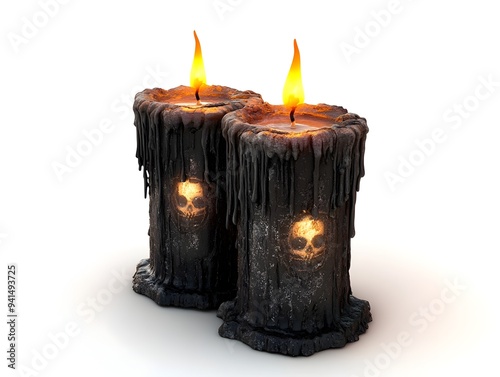 Haunting Halloween Candles with Flickering Flames and Ghastly Wax Designs on Isolate White Background