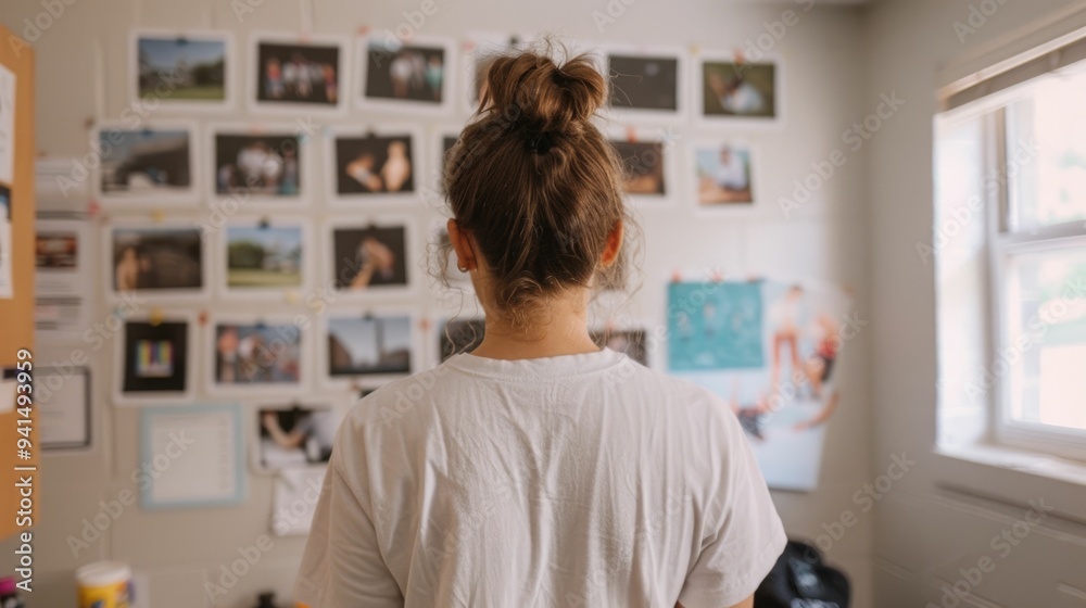 Family Decorating a Dorm Room with Framed Photos and Personal Mementos to Make the New Space Feel Like Home on Move In Day Family Decorating a Dorm Room with Framed Photos and Personal Mementos to Make the New Space Feel Like Home on Move In Day