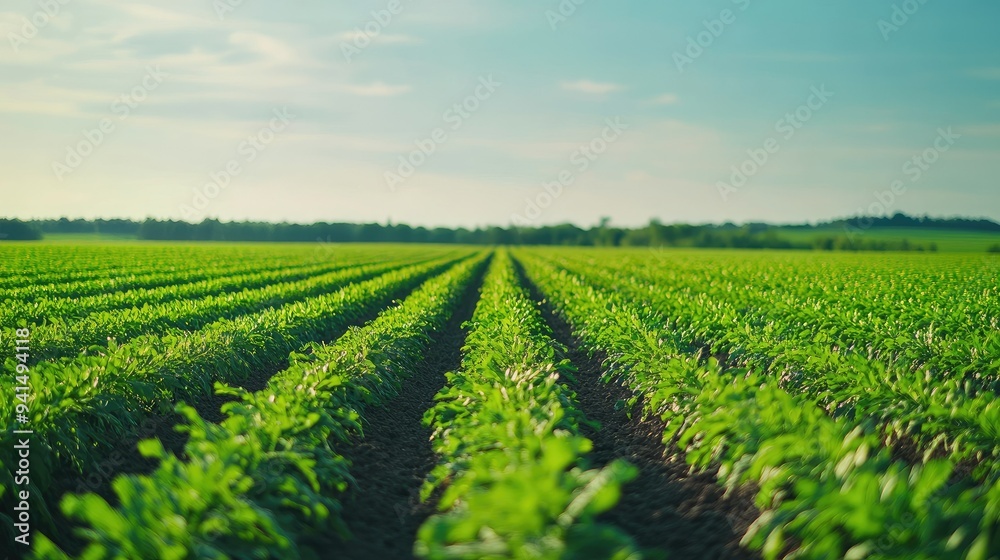 A wide shot of a flourishing carrot field under a vivid blue sky, with rows of green foliage stretching into the horizon. Ideal for nature and farming themes. A wide shot of a flourishing carrot field under a vivid blue sky, with rows of green foliage stretching into the horizon. Ideal for nature and farming themes.