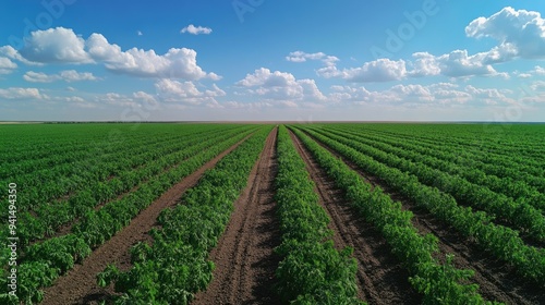 A wide shot of a vast carrot field under a bright blue sky, with rows of vibrant green carrot tops stretching into the horizon. Perfect for agricultural visuals.