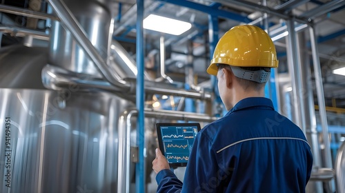 Engineer Overseeing Food and Beverage Production Line with Digital Tablet