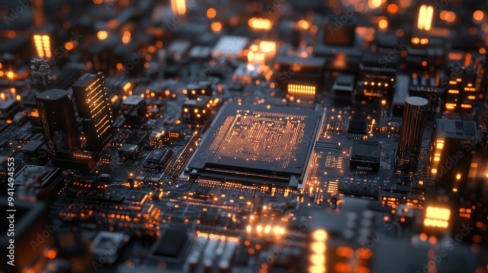 Background of a 3D rendering of a CPU with layers of circuits and microcomponents, representing computer architecture Background of a 3D rendering of a CPU with layers of circuits and microcomponents, representing computer architecture