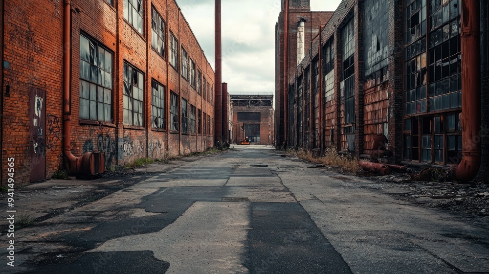 Fototapeta premium A wide-angle shot of an industrial street lined with brick warehouse walls, broken windows, and rusted metal pipes, emphasizing decay and urban grit.