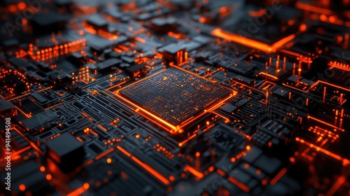 Background of a 3D rendering of a CPU with layers of circuits and microcomponents, representing computer architecture photo