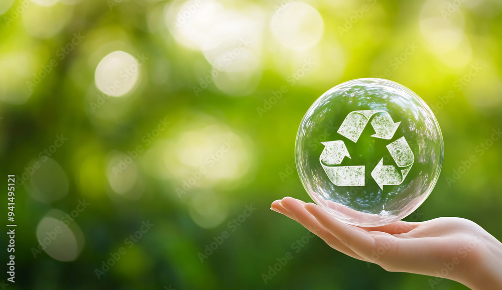 Hand holding a glass ball with a recycling symbol on a green blurred background Hand holding a glass ball with a recycling symbol on a green blurred background