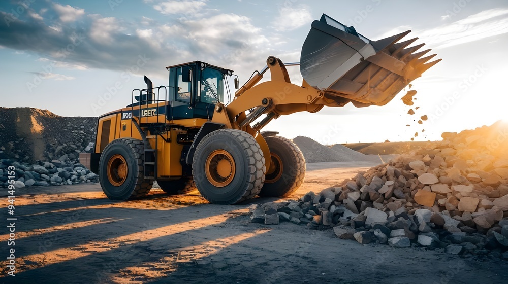 Fototapeta premium Modern Wheel Loader with Crushed Stone Against Sunset Sky