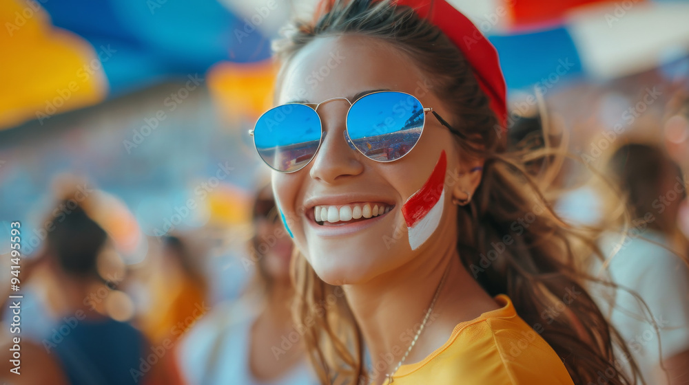 A woman wearing sunglasses and a red hat is smiling at the camera A woman wearing sunglasses and a red hat is smiling at the camera
