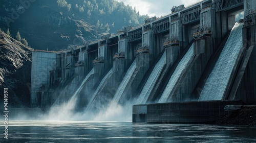 Background of a large dam with concrete structures and control systems, highlighting the scale of civil engineering