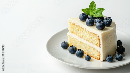 Bird's milk cake slice, decorated with fresh blueberries and mint, on a white plate against a seamless white background. Simple and elegant dessert styling.