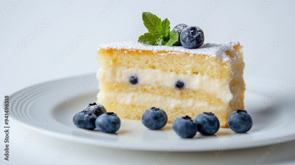 Bird's milk cake slice with blueberries and mint, beautifully plated on a white dish, set against a clean white background. Bird's milk cake slice with blueberries and mint, beautifully plated on a white dish, set against a clean white background.
