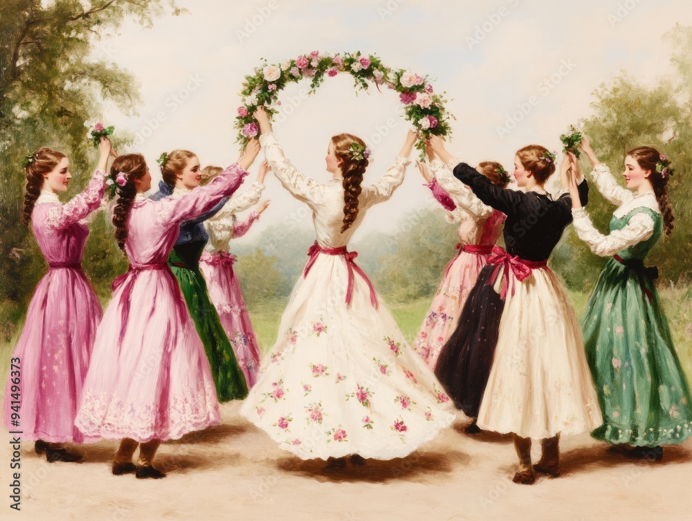 A traditional Maypole dance, with ribbons flowing and people celebrating spring A traditional Maypole dance, with ribbons flowing and people celebrating spring