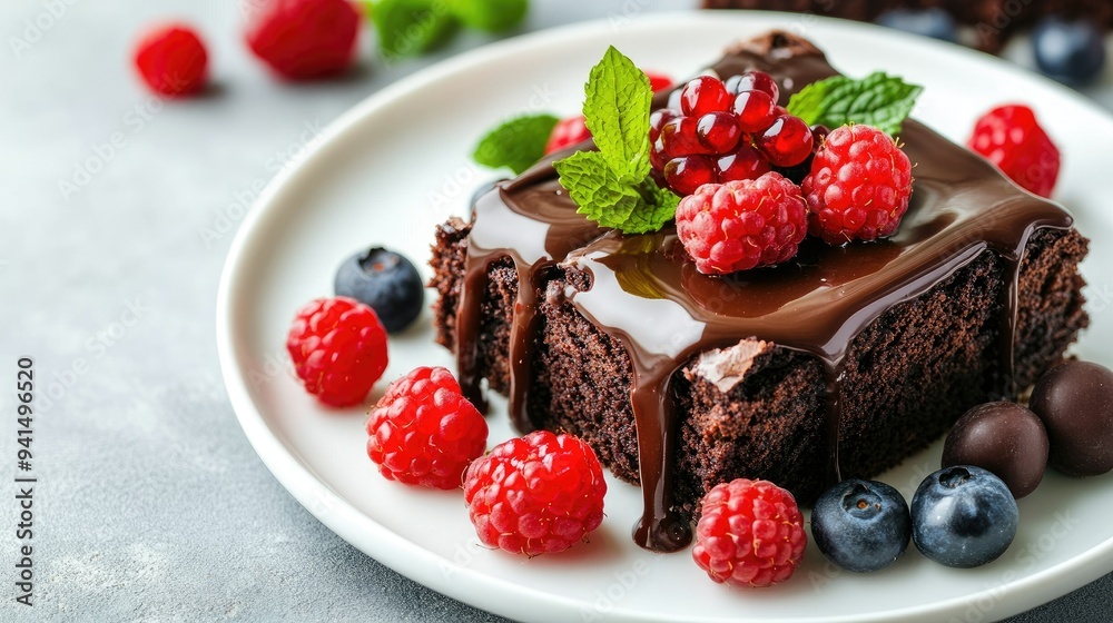 Chocolate brownies with a rich chocolate glaze, topped with vibrant berries and mint leaves, placed on a white plate, on a gray concrete background. Decadent dessert. Chocolate brownies with a rich chocolate glaze, topped with vibrant berries and mint leaves, placed on a white plate, on a gray concrete background. Decadent dessert.