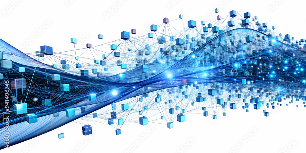 3D Floating data streams with digital nodes on an isolated white background concept as A series of data streams flowing in mid air connected by digital nodes all isolated on a white background. The st 3D Floating data streams with digital nodes on an isolated white background concept as A series of data streams flowing in mid air connected by digital nodes all isolated on a white background. The st