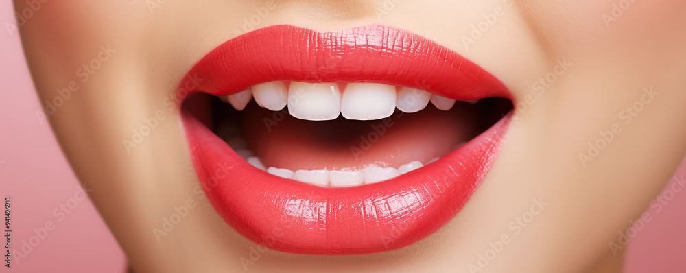 Obraz premium A close-up of vibrant red lips, showcasing a bright smile against a soft pink background in a modern beauty setting