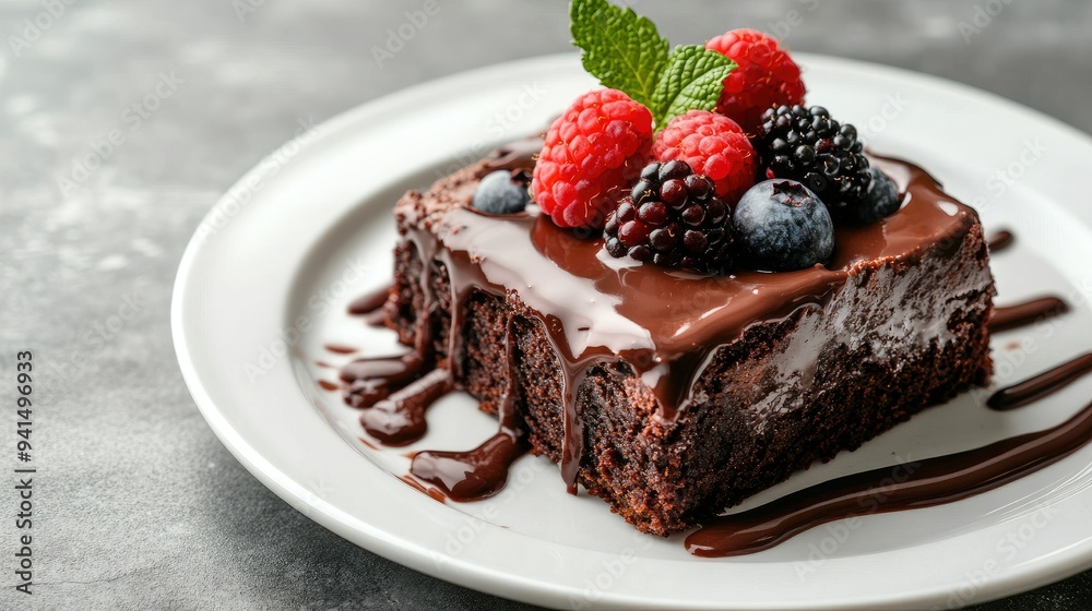 Close-up of a delicious chocolate brownie topped with a thick layer of chocolate glaze, berries, and mint, placed on a white plate, on a gray concrete table. Close-up of a delicious chocolate brownie topped with a thick layer of chocolate glaze, berries, and mint, placed on a white plate, on a gray concrete table.