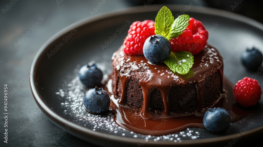 Close-up of a decadent chocolate fondant, topped with fresh berries and mint, set on a plate. Perfect for capturing the essence of indulgence. Close-up of a decadent chocolate fondant, topped with fresh berries and mint, set on a plate. Perfect for capturing the essence of indulgence.