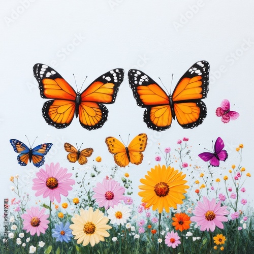 A whimsical butterfly garden, with butterflies fluttering among blooming flowers