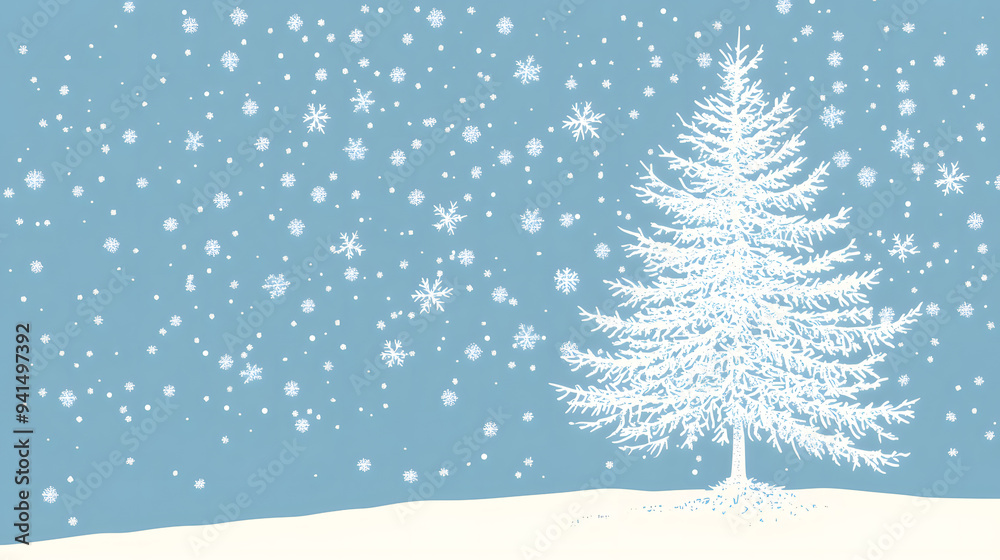 Pale Sky Blue Background with Subtle Snowflake Pattern and Minimalist White Pine Tree Outline, Evoking a Serene, Wintry Landscape. Pale Sky Blue Background with Subtle Snowflake Pattern and Minimalist White Pine Tree Outline, Evoking a Serene, Wintry Landscape.
