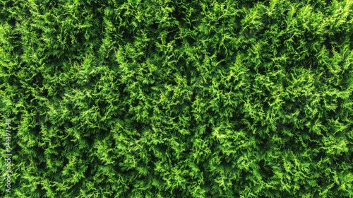 Green thuja tree hedge, forming a dense, natural boundary in a garden. Ideal for privacy and outdoor design imagery.