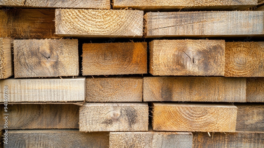 Background of a stack of wooden planks with rough, unfinished surfaces, ready for use in construction Background of a stack of wooden planks with rough, unfinished surfaces, ready for use in construction