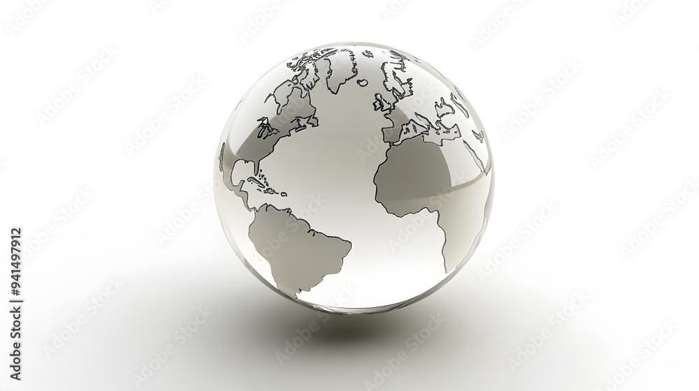 Fototapeta premium CG Transparent Globe: A CG-rendered transparent globe, with continents subtly etched on its surface, floating on a white background. 