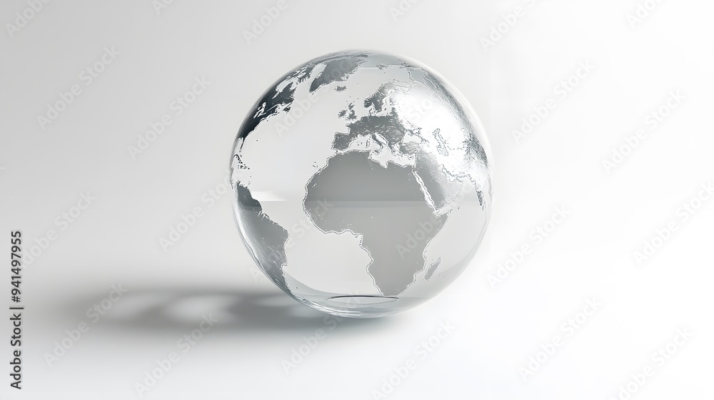 Fototapeta premium CG Transparent Globe: A CG-rendered transparent globe, with continents subtly etched on its surface, floating on a white background. 