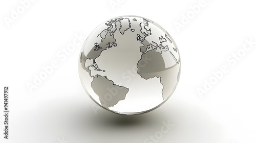 CG Transparent Globe: A CG-rendered transparent globe, with continents subtly etched on its surface, floating on a white background. 