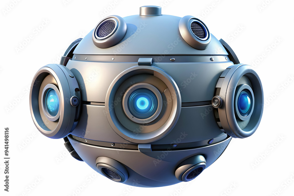 3D Floating robotic sphere with sensors on an isolated white background concept as A robotic sphere equipped with sensors floating mid air all isolated against a white background. The sphere hovers as 3D Floating robotic sphere with sensors on an isolated white background concept as A robotic sphere equipped with sensors floating mid air all isolated against a white background. The sphere hovers as