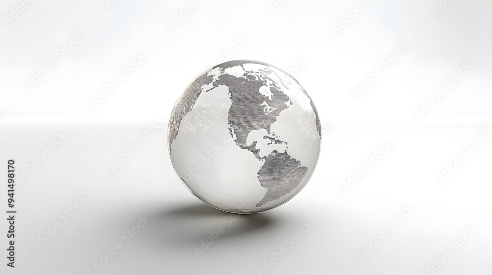 Fototapeta premium CG Transparent Globe: A CG-rendered transparent globe, with continents subtly etched on its surface, floating on a white background. 