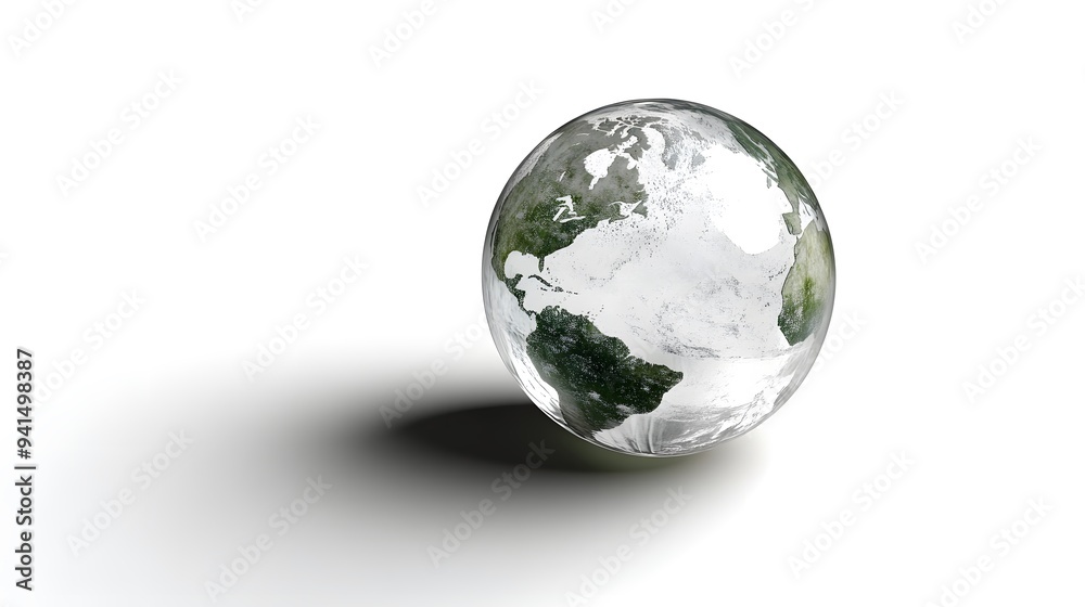 CG Transparent Globe: A CG-rendered transparent globe, with continents subtly etched on its surface, floating on a white background.
