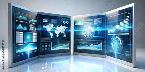 3D Futuristic interface panels with floating data on an isolated white background concept as Two futuristic interface panels displaying floating data streams isolated on a white background. The panels