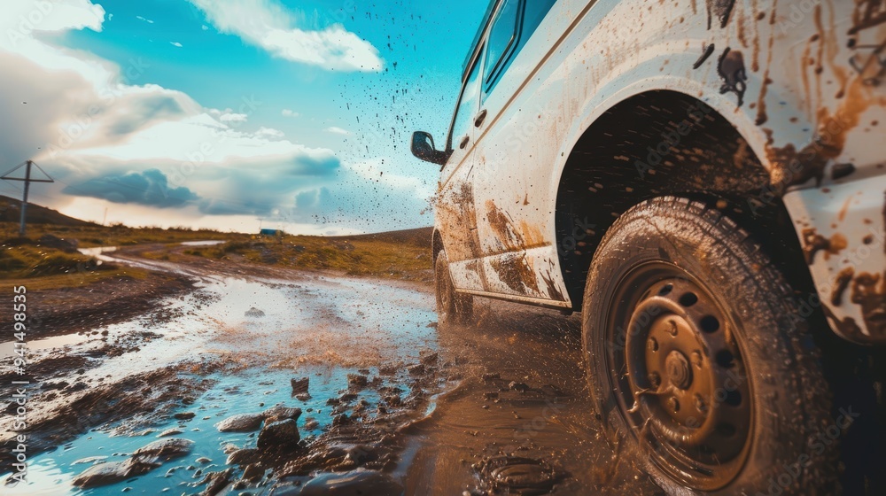 White off-road vehicle throughing mud while driving through a puddle on a cloudy day White off-road vehicle throughing mud while driving through a puddle on a cloudy day