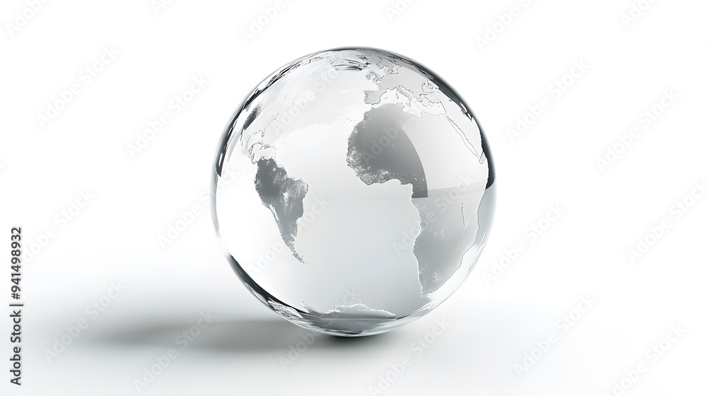 Fototapeta premium CG Transparent Globe: A CG-rendered transparent globe, with continents subtly etched on its surface, floating on a white background. 
