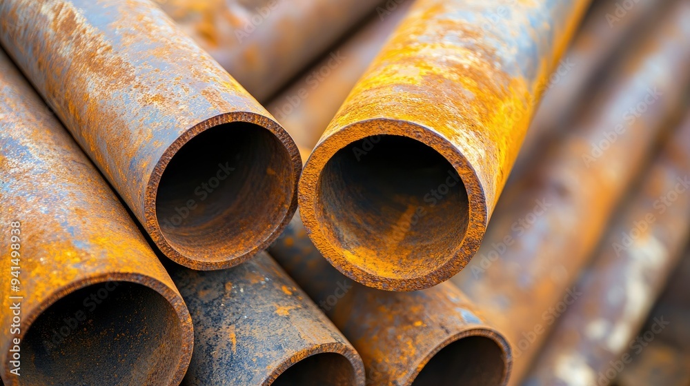 Close-up of a pile of rusted metal pipes, stacked and ready for use at a construction site Close-up of a pile of rusted metal pipes, stacked and ready for use at a construction site