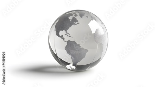 CG Transparent Globe: A CG-rendered transparent globe, with continents subtly etched on its surface, floating on a white background. 