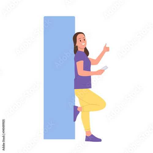 Young satisfied woman cartoon character gesturing thumbsup providing successful marketing research