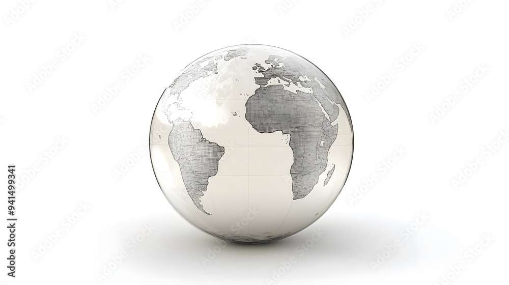 Fototapeta premium CG Transparent Globe: A CG-rendered transparent globe, with continents subtly etched on its surface, floating on a white background. 