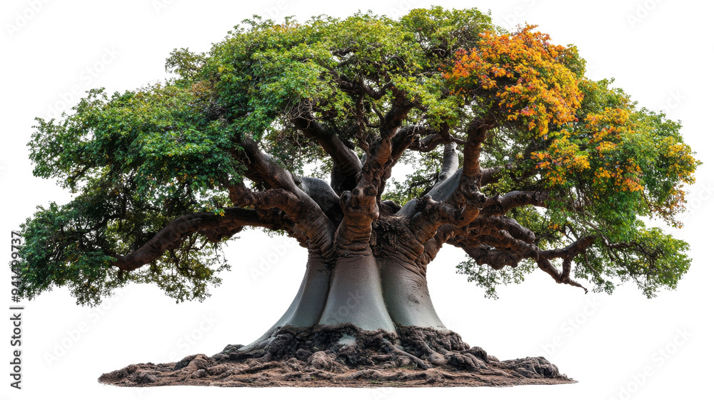 Fototapeta premium A large green tree with beautiful, stable roots. isolated on transparency background PNG