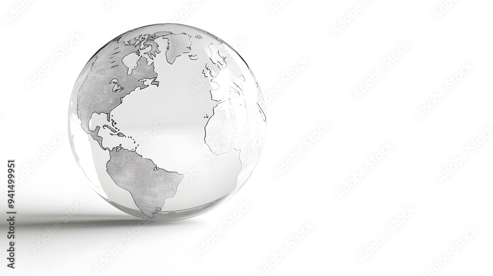 Fototapeta premium CG Transparent Globe: A CG-rendered transparent globe, with continents subtly etched on its surface, floating on a white background. 