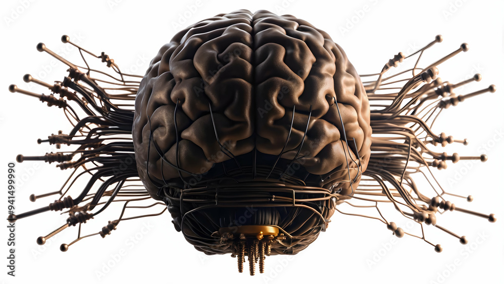 3D Suspended AI brain with neural pathways on an isolated white background concept as A digital representation of an AI brain floating in mid air with neural pathways extending outward all isolated on 3D Suspended AI brain with neural pathways on an isolated white background concept as A digital representation of an AI brain floating in mid air with neural pathways extending outward all isolated on