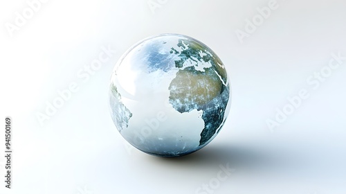 CG Transparent Globe: A CG-rendered transparent globe, with continents subtly etched on its surface, floating on a white background.
