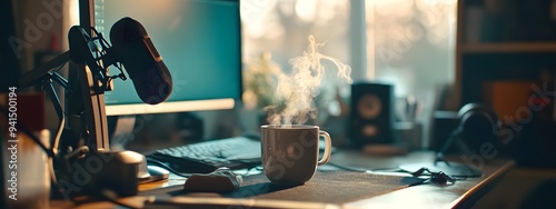 Photograph of a microphone and coffee cup on an interactive podcast desk, with sound baffles in the background, surrounded by computer equipment