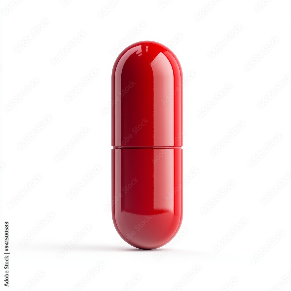 A 3D simple style icon of a shiny red vitamin pill with a reflective surface and a faint shadow below isolated on a plain white background for a clean medical feel A 3D simple style icon of a shiny red vitamin pill with a reflective surface and a faint shadow below isolated on a plain white background for a clean medical feel