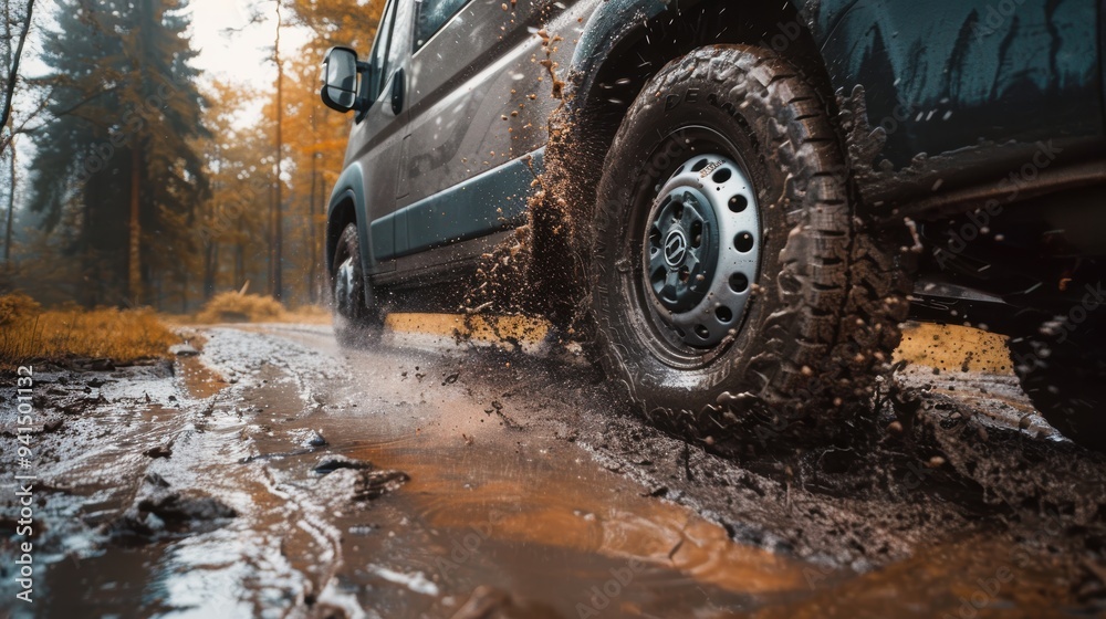 Off-road van tires splashing through muddy forest road