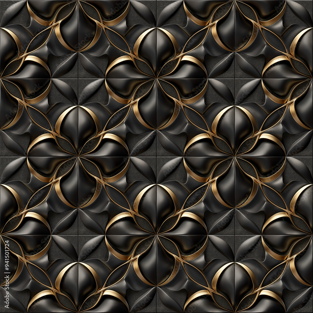  3D rendering   rendering of gold and black ornate patterns. AI generation.