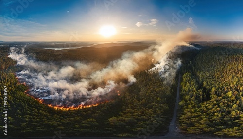 Vast Forest Fire Spreading Under Sunset Sky